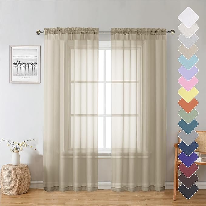 Taupe Sheer Curtains 72 Inch Length 2 Panels, Light Filtering Soft Solid Voile by Lecloud