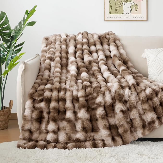 Luxury 1000GSM Faux Rabbit Fur Throw Blanket, Super Heavy Warm Cozy Brown - Image 5