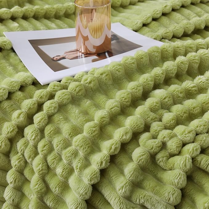 Moss Green Throw Blanket for Couch Sofa 60x80 inches Striped Design | Fleece - Image 2