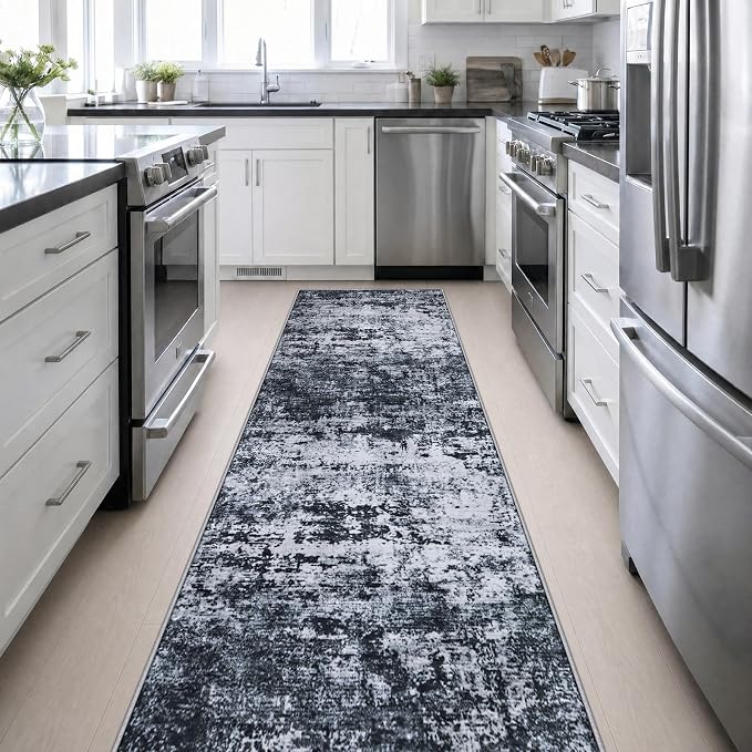 3x14 Washable Runner Rug：Modern Abstract Kitchen Carpet Black | - Image 5
