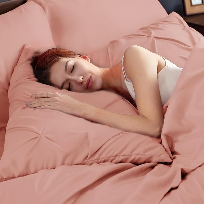 Bedsure Queen Comforter Set Dusty Pink - Bed in a Bag Queen Size Bedding 7 Pieces, GentleSoft™ Pintuck Bed Set Gift for Family, Pinch Pleat All Season Comforter with Sheets, Pillowcases & Shams