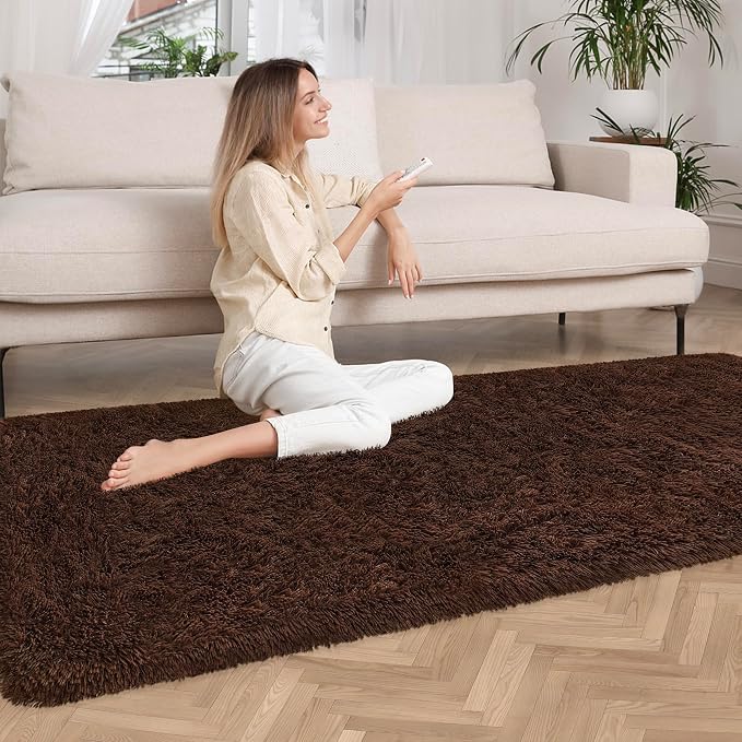 2x6 Bedside Area Rugs for Bedroom Soft Fluffy Shag Brown Rug for Hallway - Image 2