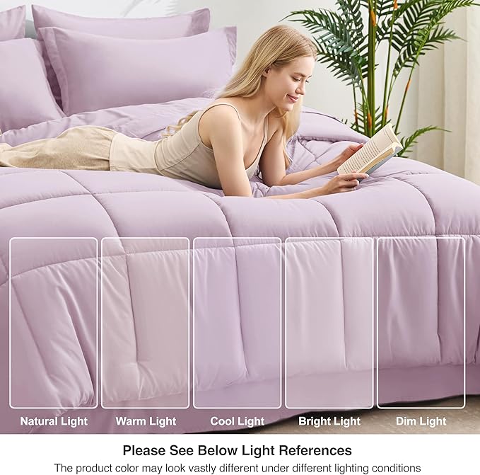 Love's cabin King Size Comforter Set Light Purple, 7 Pieces King Bed in a Bag, All Season Bedding Sets with 1 Comforter, 1 Flat Sheet, 1 Fitted Sheet, 2 Pillowcase and 2 Pillow Sham