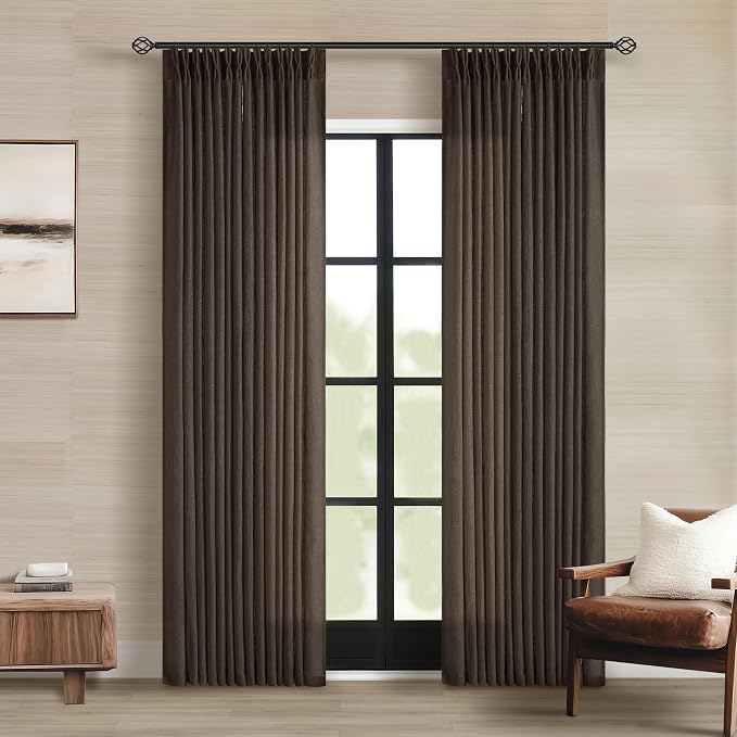 Dark Chocolate 84 Inch Pinch Pleated Semi Sheer Linen Curtains 2 Panels | by Twodrapes