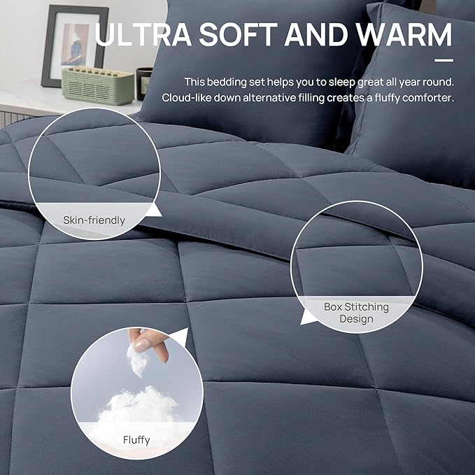 Love's cabin Full Comforter Set Navy Blue, 7 Pieces Full Bed in a Bag, All Season Bedding Sets with 1 Comforter, 1 Flat Sheet, 1 Fitted Sheet, 2 Pillowcase and 2 Pillow Sham