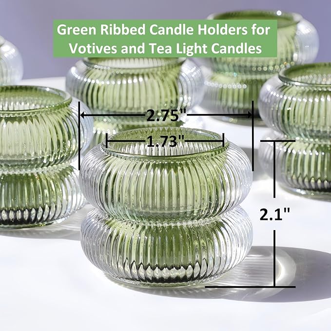 Woho Ribbed Glass Votive Candle Holders Set of 6, Vintage Tealight Candle Holder for Wedding Decor, Elegant Tea Lights Candle Holder for Dinner Table/Christmas Decorations(Green, 2.1" H X 2.75" D)