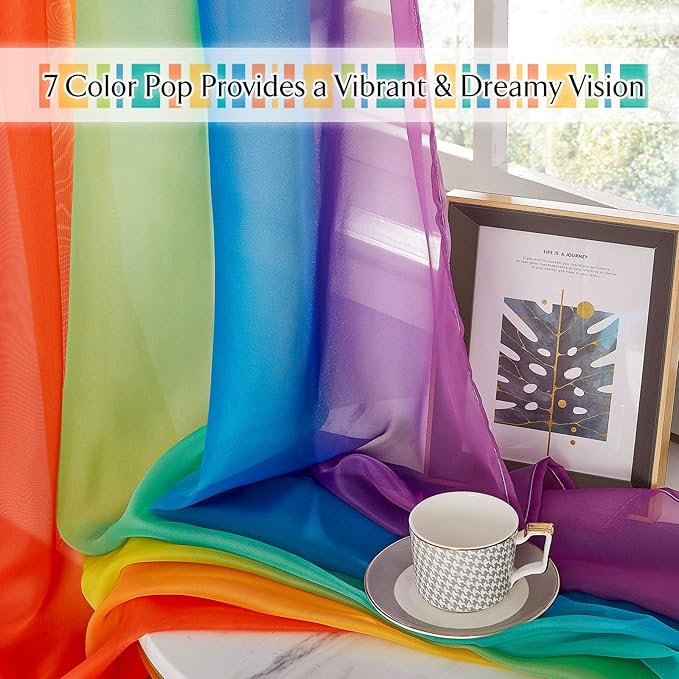 RYB HOME Rainbow Sheer Valance Curtains for Living Room - 2 Panels Bright Window Scarf Valance for Canopy Bed Patio Frame Birthday Party Backdrops Table Runner, W 60 in x L 216 in per Panel, Rainbow