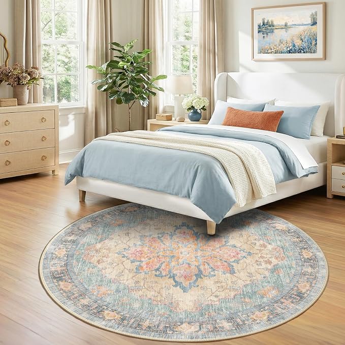 RELEANY Washable Area Rug, Round 7ft, Water Repellent, Pet Friendly, Vintage - Image 2