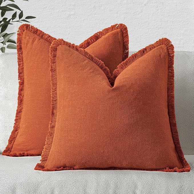 MIULEE Linen Fringe Decorative Fall Throw Pillow Covers Burnt Orange 20x20 | - Image 9