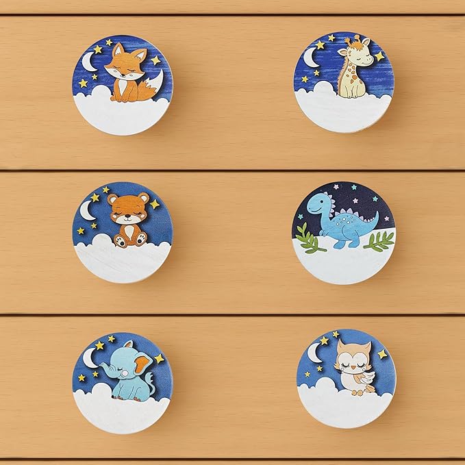 JamJam 8 Pack 1.8" Wooden Dinosaur Drawer Handle Pulls Unique Kids Nursery Room Animal Themed Cabinet Dresser Drawer Knobs