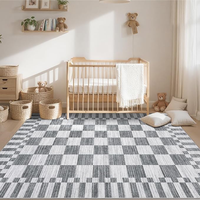 GarveeHome 8x10 Area Rugs Geometric Washable Modern Grey Checkered Rug | - Image 3