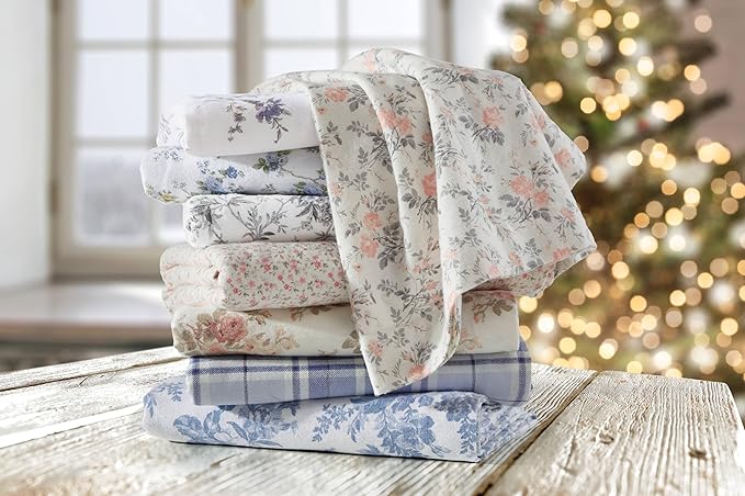 Laura Ashley - Flannel Sheets Queen Size, Anti-Pilling & Wrinkle Resistant Cotton, Touchably Soft for All-Season Comfort - Bed Sheets with Matching Pillowcases & Fitted Sheet (Victoria Beige)