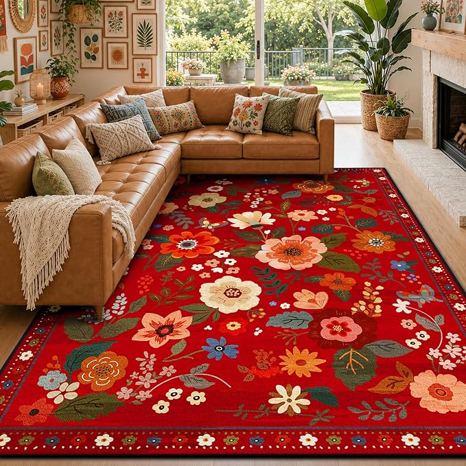 Floral Washable 8x10 Area Rugs Red/Orange | Flower Carpet Print Boho Cute Non by RELEANY