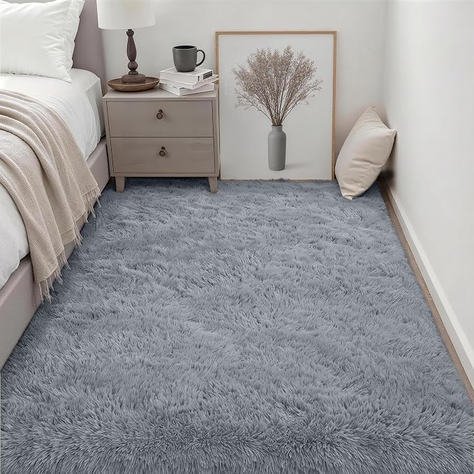 Area Rug Living Room Bedroom: 5x7 Fluffy Plush Shag Carpet Gray | - Image 3