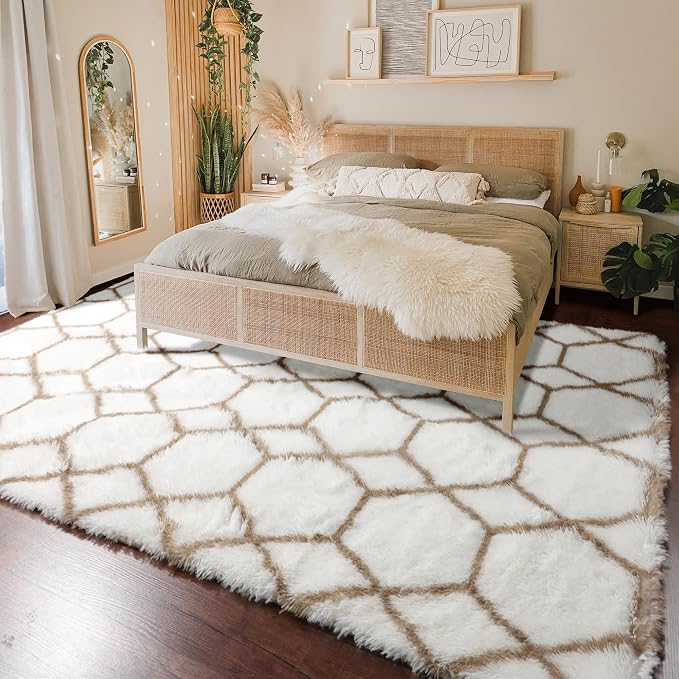 Area Rugs for Living Room, 7x10 Fluffy White and Beige Modern Bedroom Rug | - Image 6