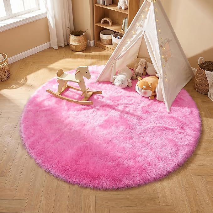 duduta Hot Pink Faux Fur Sheepskin Round Rug 4x4 ft, Fluffy Shag Circle Rug | - Image 5