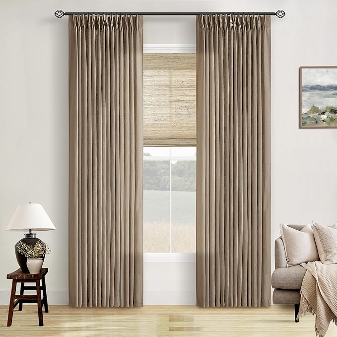 Farmhouse 80 Inch Brown Tan Pinch Pleated Linen Semi Sheer Curtains 2 Panel | - Image 8