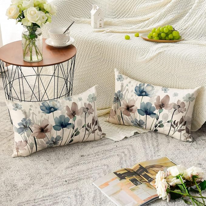 AVOIN colorlife Poppy Flowers Blue Brown Pillow Covers 12x20 Inch Set of 2 | - Image 3