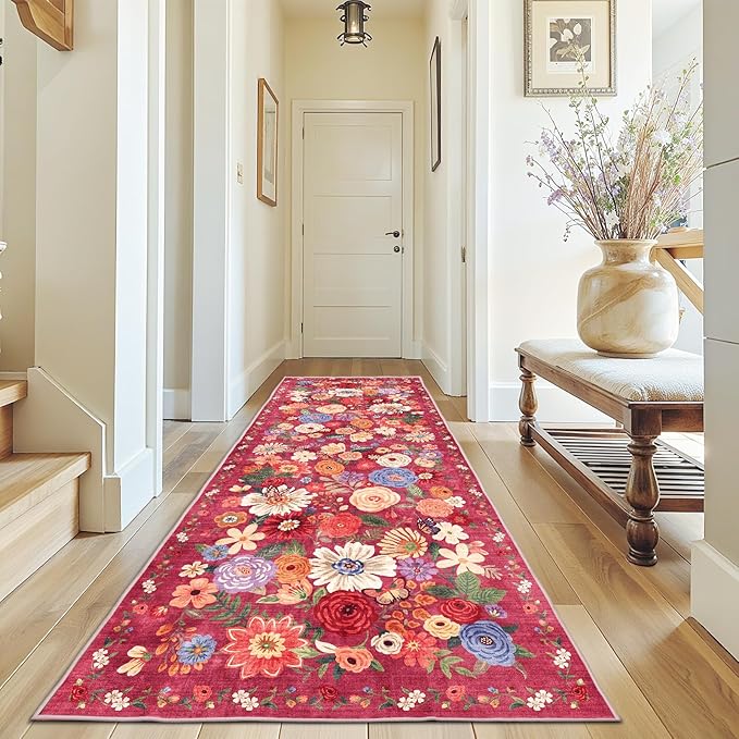 Red Floral Hallway Runner Rug 3x7 by WelcometoBabovid