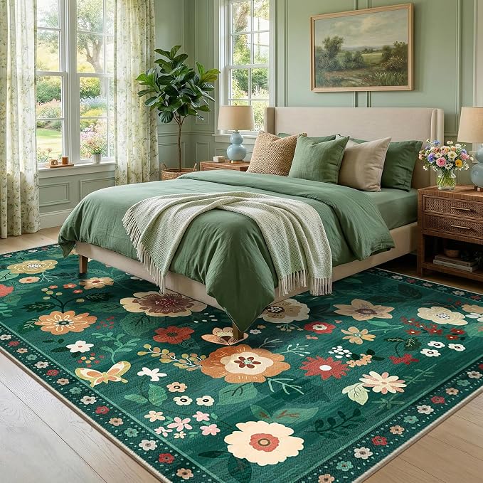 RELEANY Floral Washable 8x10 Area Rugs DarkGreen | Flower Carpet Print Boho - Image 2