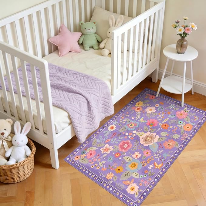 Floral Washable 2x4 Area Rugs Runner Entryway Hallway Purple/Pink | Flower - Image 3