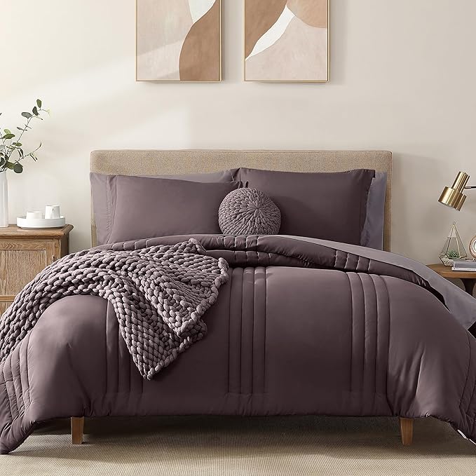 Monbix King Size Comforter Set - 7 Pieces Bed in a Bag King, ltalian Plum Bedding Sets with Comforter, All Seasons Down Alternative Comforter Bed Set with Sheets, Pillowcases & Shams