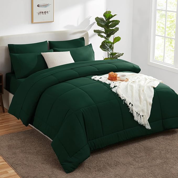 CozyLux King Size Comforter Set Emerald Green, 7 Pieces Bed in a Bag, Green Comforter King Size, All Season Bedding Sets with Stitch Quilted Comforter, Flat Sheet, Fitted Sheet, Pillowcases