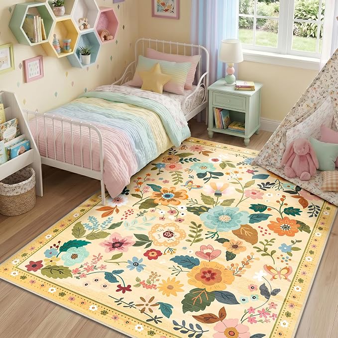 RELEANY Floral Washable 4x6 Area Rugs Ivory/Yellow | Flower Carpet Print Boho - Image 8