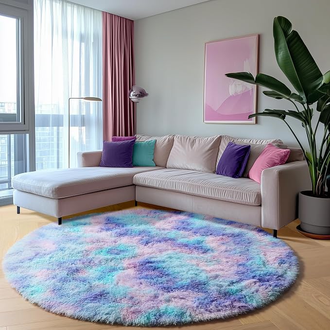 Rainbow Round Area Rugs 6ft, Fluffy Soft Bedroom Circle Rug - Image 4
