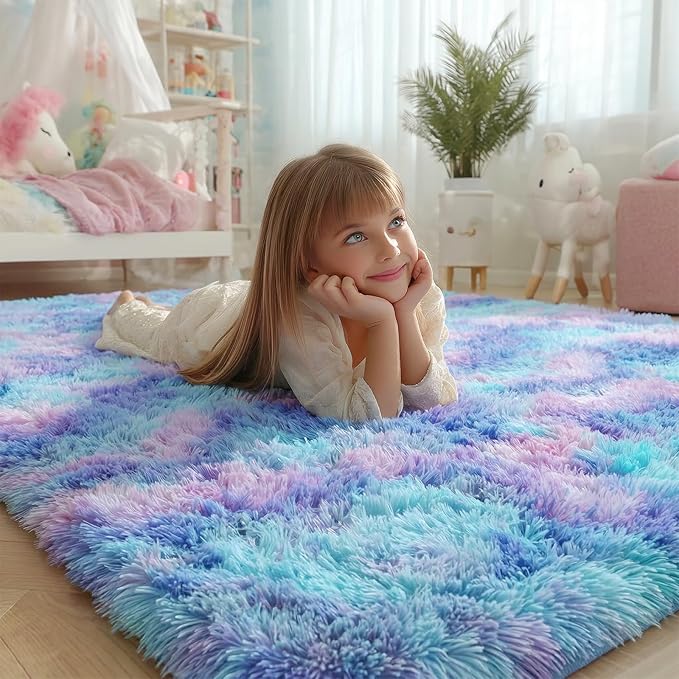 Kawaii Vibrant Rugs for Girls Bedroom, Pastel 5x8 Rainbow Purple Area Rugs | - Image 3