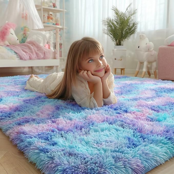 Plush Rainbow Mermaid Rugs for Bedroom Girls, 6x9 Soft Purple Shag Area Rugs - Image 4