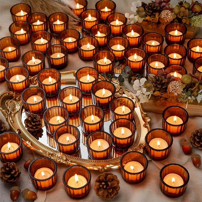 Mumufy 100 Pack Glass Tealight Candle Holder Ribbed Votive Candle Holder for Centerpiece Wedding Proposal Spa Aromatherapy Meditation Home Decor(Amber)