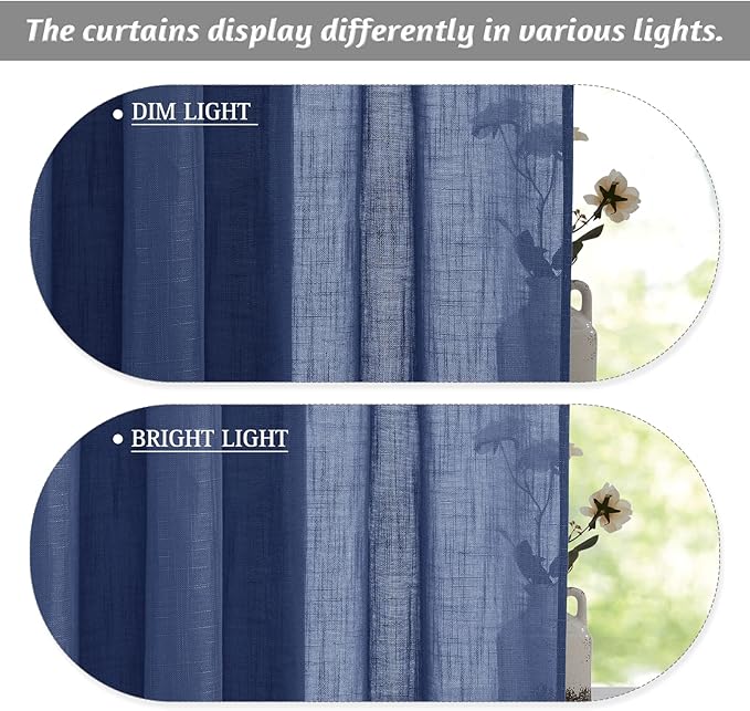 RYB HOME Semi Sheer Curtains - Linen Textured Sheer Light Glare Filter Extra Long Curtains Backdrop for Living Room Patio Door French Door Wall Decor, Navy Blue, 52 x 120 in per Panel, 1 Pair