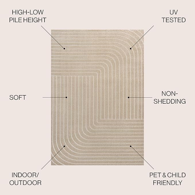 Eyely NCS101E-5 Odense High-Low Minimalist Angle Geometric Beige/Cream 5 ft. x 8 ft. Indoor/Outdoor Area Rug, for Home, Backyard, Patio, Porch, Bedroom, Kitchen, Living Room