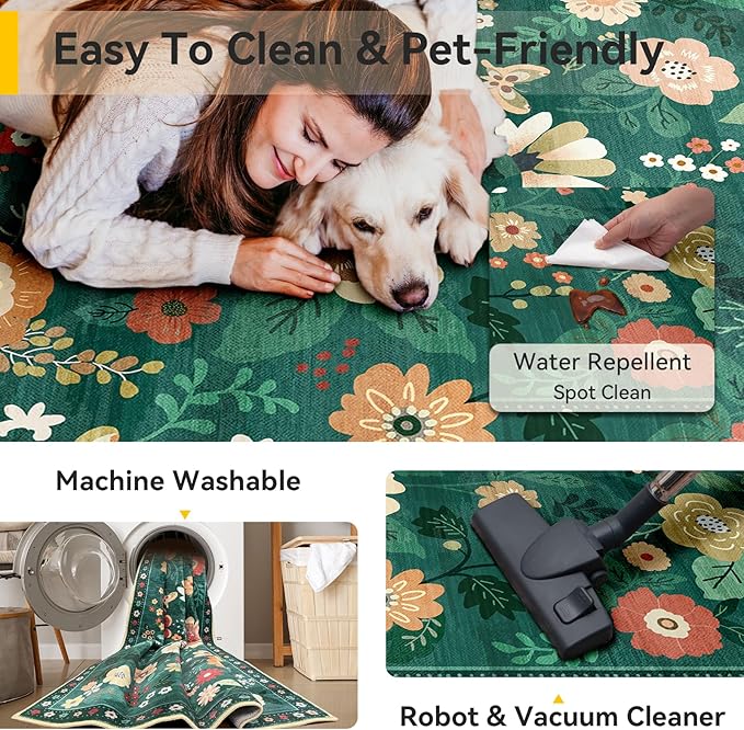 RELEANY Floral Washable 9x12 Area Rugs DarkGreen | Flower Carpet Print Boho - Image 5