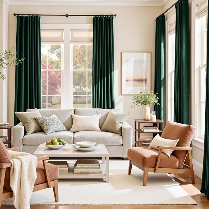 Lazzzy Velvet Blackout Curtains Thermal Insulated Room Window Drapes Super Soft Luxury Curtains for Living Room Bedroom Rod Pocket 2 Panels, Emerald Green, 62" W x 84" L