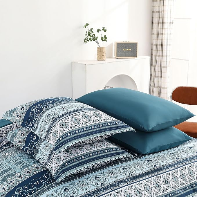 Boho Full Size Comforter Set 8 Pieces, Teal Blue Comforter Bohemian Striped Bed in A Bag, Soft Microfiber Bedding Set for All Seasons