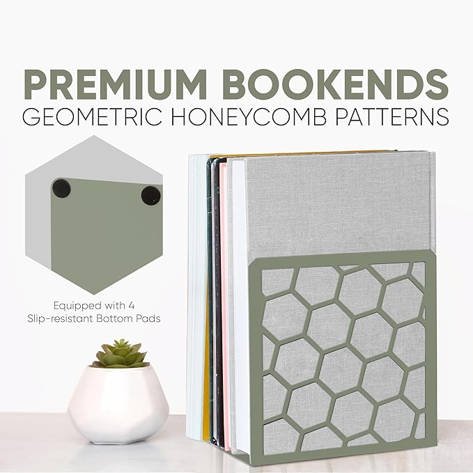 GEOMOD Geometric Honeycomb Sage Metal Bookends Decorative - Tall Sturdy Book Ends for Shelves - Modern Heavy Duty Bookend Stopper - Office or Home Book Shelf Holder - 6x3.25x6.25 Inches-2 Pair
