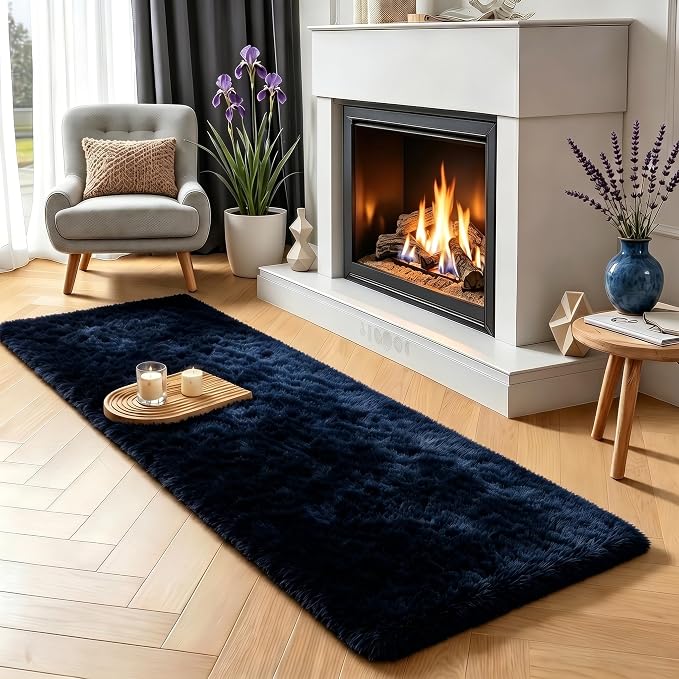 Navy Blue Runner Rug 2x6 Fluffy Dark Blue Bedside Rugs by PAGISOFE