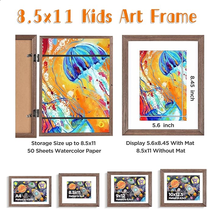 KINLINK 8.5x11 Kids Art Frames Set of 2, Solid Wood Kids Artwork Frames Changeable with Acrylic Front Opening Holds 150 Pictures, Art Frame for Kids Artwork with Mat or without Mat, Brown Wood