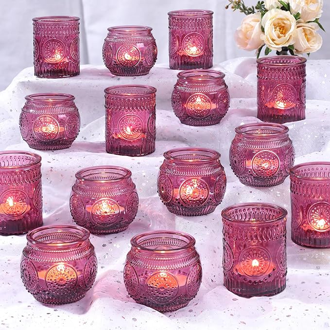DARJEN 48Pcs Pueple Votive Candle Holders - Vintage Tea Lights Candle Holders, Glass Votives for Party, Wedding Table Centerpieces, Baby Shower Decor & Gift