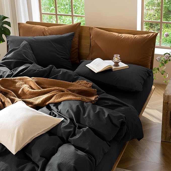 MooMee Bedding Duvet Cover Set 100% Washed Cotton Linen Like Textured Breathable Durable Soft Comfy (Solid Black, King 104"x90")