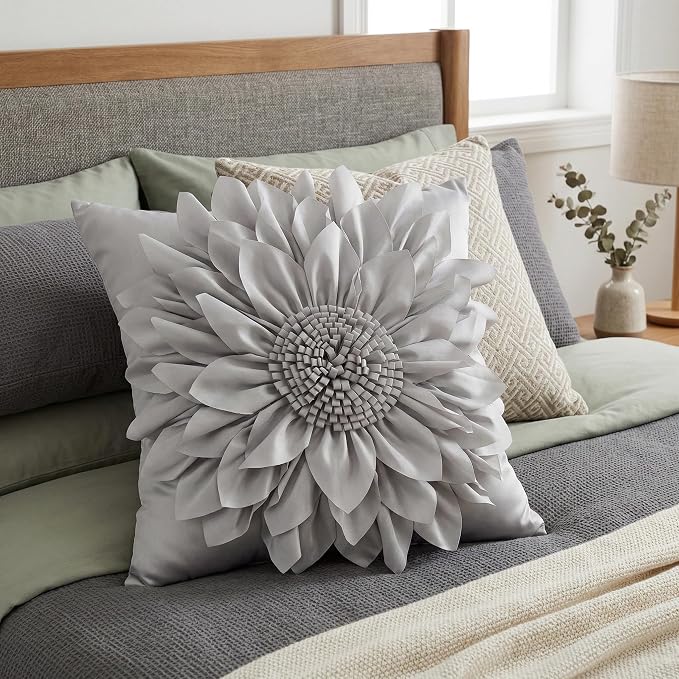 Grey Accent 3D Flower Decorative Throw Pillow Covers - Image 5