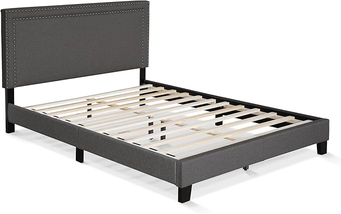 Furinno Laval Double Row Nail Head Upholstered Platform Bed Frame, Queen, Stone