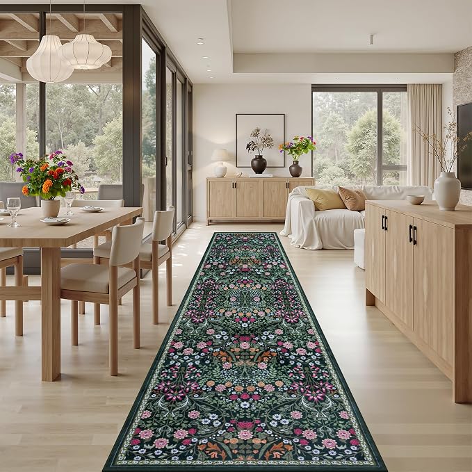 PLHXFR 2.6x14 Washable Runner Rug：Floral Indoor Kitchen Carpet Dark Green | - Image 4