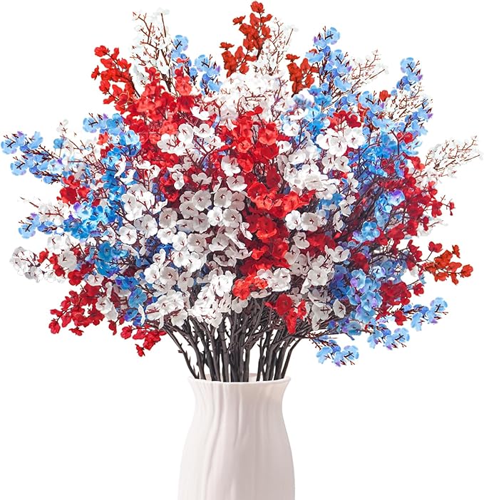 Uieke 30 Pcs 4th of July Artificial Flowers Fake Patriotic Babys Breath Flowers for Independence Day Decor Blue White Red Silk Flowers for Memorial Day Floral Arrangement Home Wedding