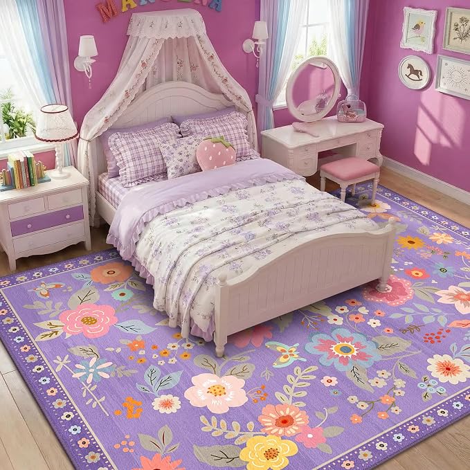 RELEANY Floral Washable 9x12 Area Rugs Purple/Pink | Flower Carpet Print Boho - Image 2