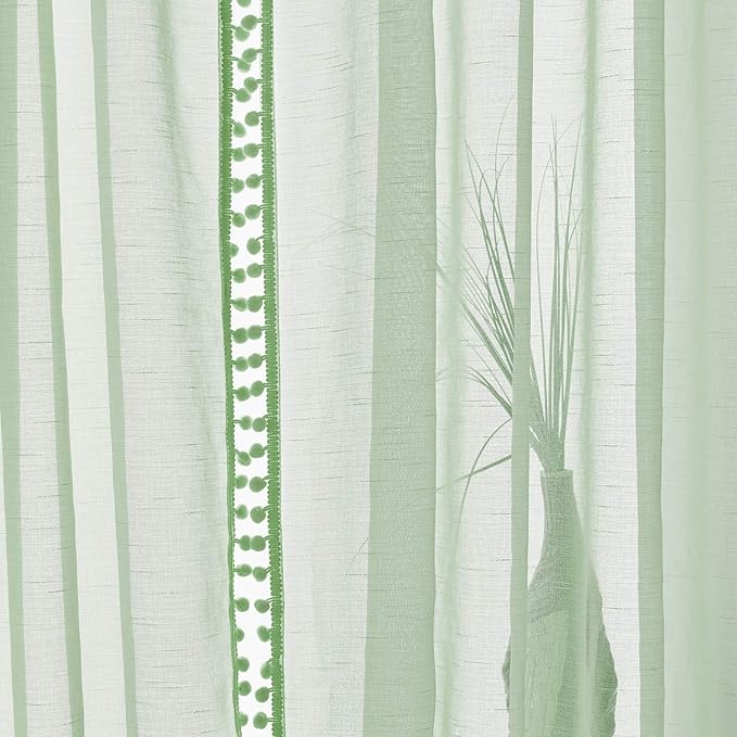 Treatmentex Pom-Pom Green Sheer Curtains for Bedroom 95inches Long Tassle Linen Textured Window Curtain Panels for Living Room Kids Room Kitchen 52" w, 1 Pair, Rod Pocket,Sage Green