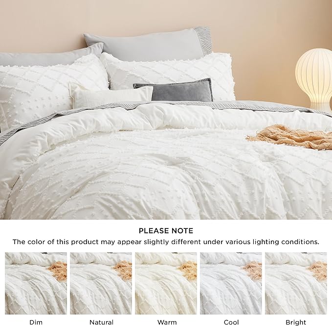 Bedsure Oversized King Comforter Set - Ivory Comforter, Boho Tufted Shabby Chic Bedding, 3 Pieces Vintage Farmhouse Bed Set for All Seasons, Fluffy Soft Bedding with 2 Pillow Shams