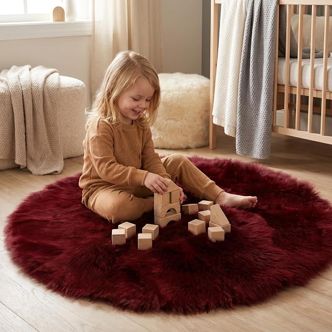 duduta Burgundy Faux Fur Sheepskin Round Rug 4x4 ft, Fluffy Shag Circle Rug | - Image 6